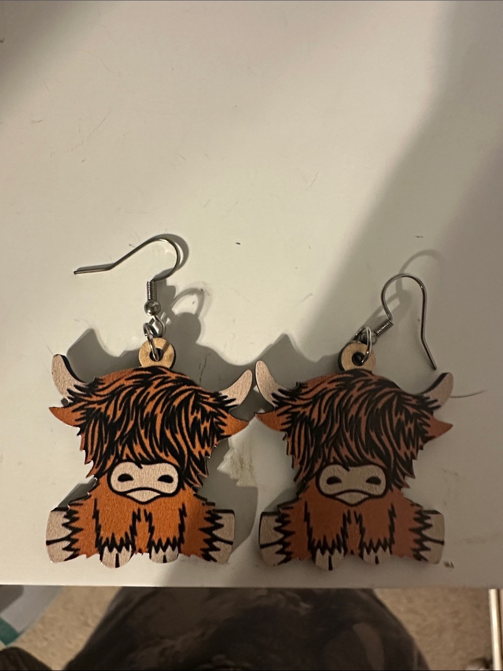 Kids Cute Highland Cow Wooden Dangle Earrings - Brown
